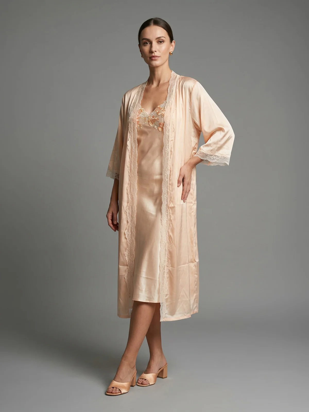 Odette Light Orange Satin Lace work Night Dress For Women
