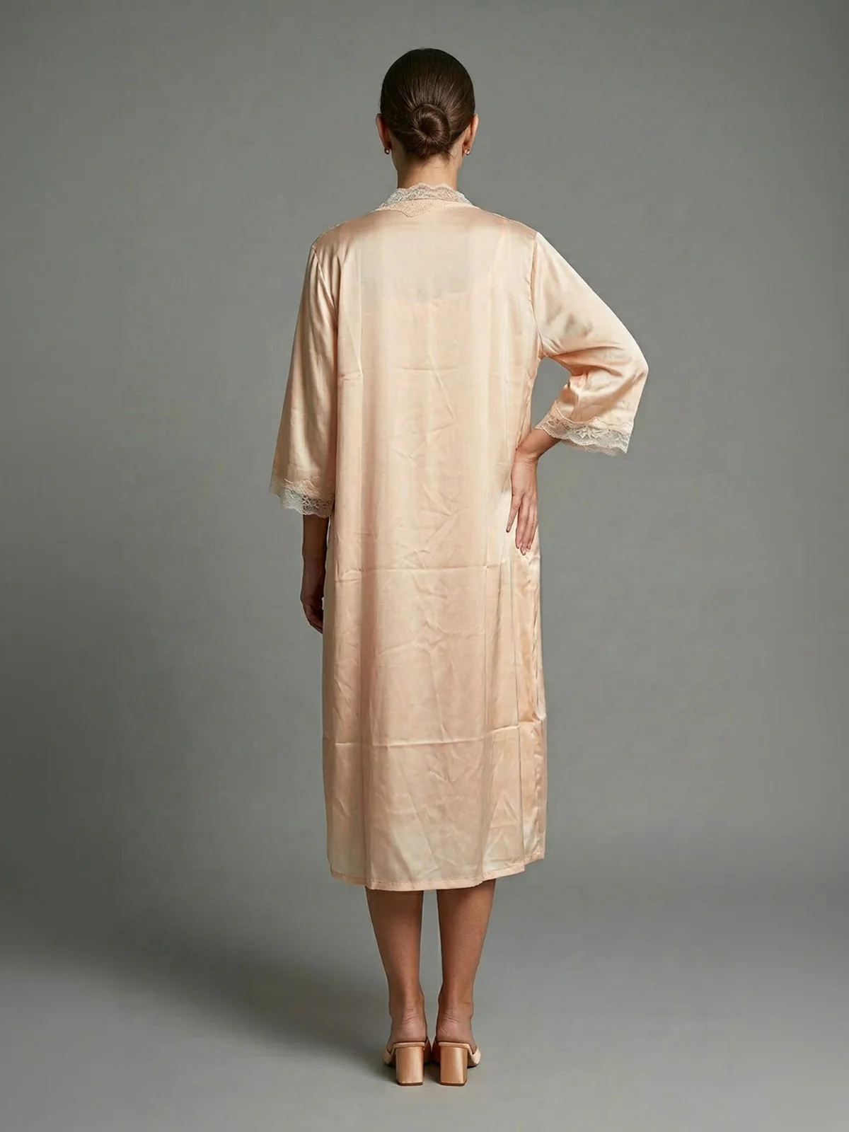 Odette Light Orange Satin Lace work Night Dress For Women - Image 3