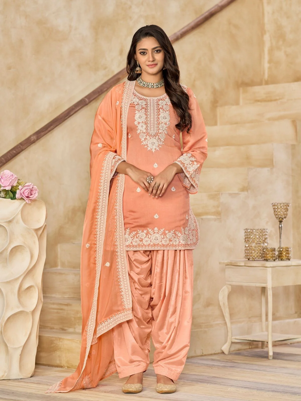 Odette Light Orange Silk Blend Embroidered Semi-Stiched Kurta Set For Women