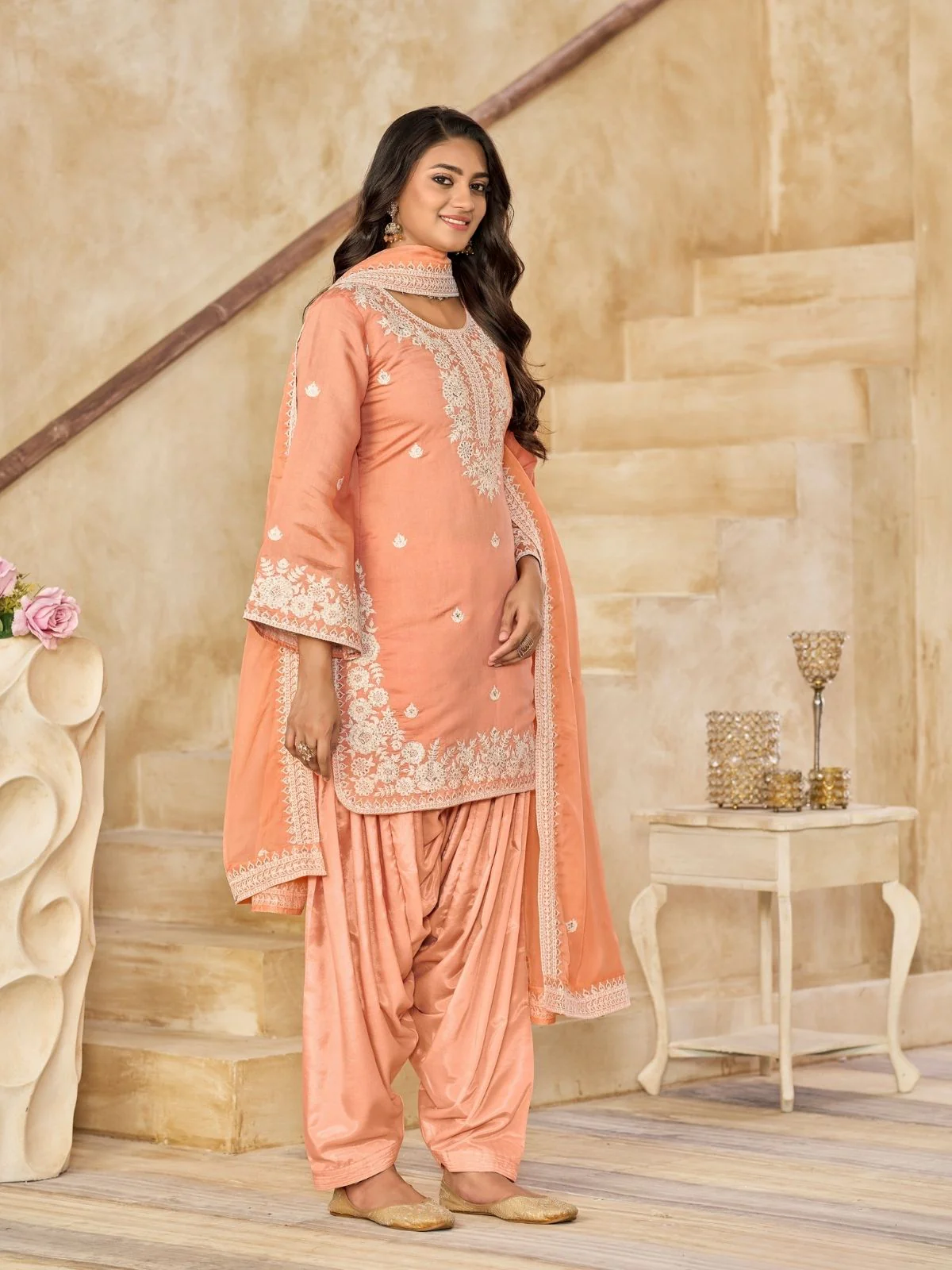 Odette Light Orange Silk Blend Embroidered Semi-Stiched Kurta Set For Women - Image 2