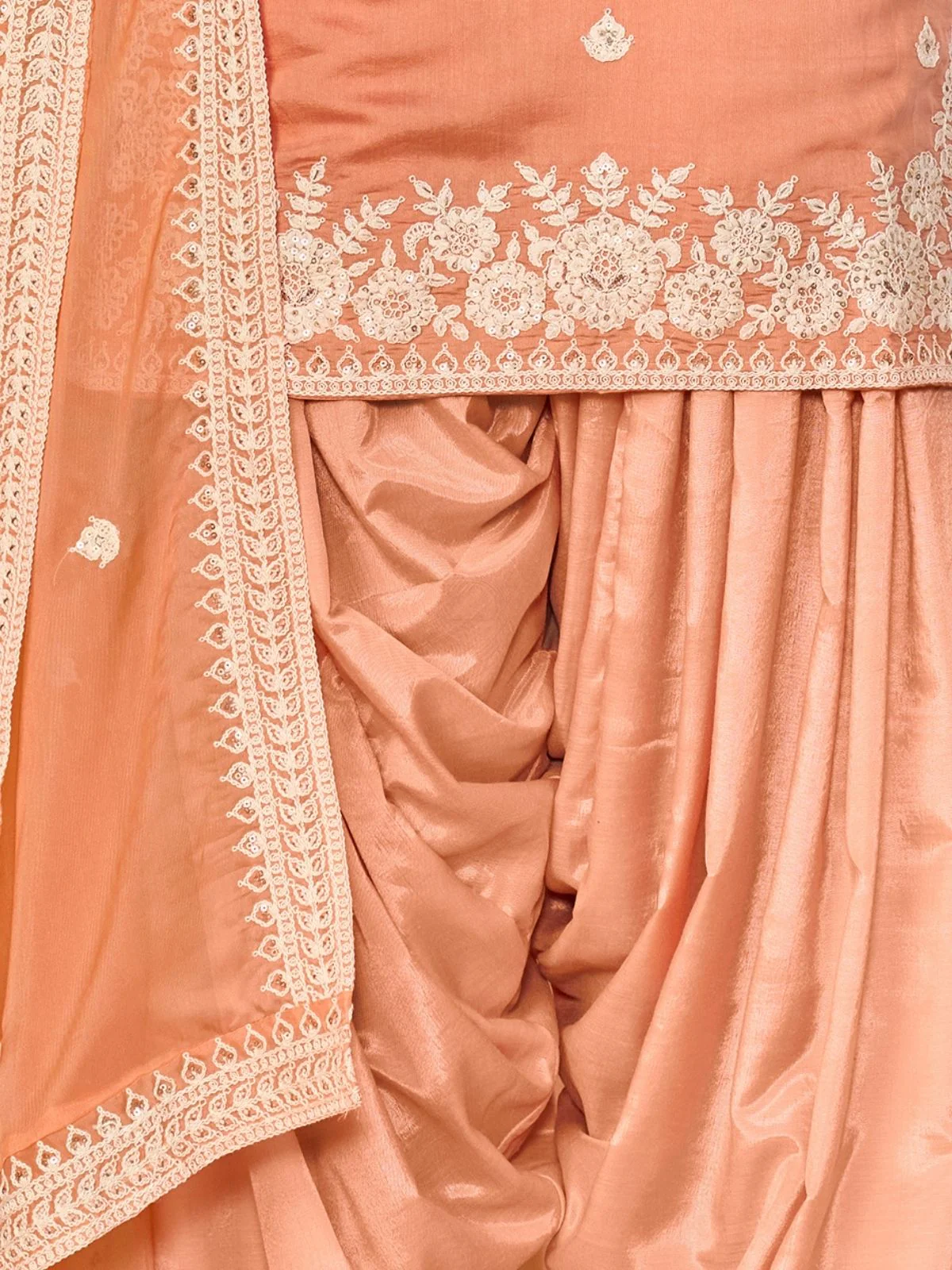 Odette Light Orange Silk Blend Embroidered Semi-Stiched Kurta Set For Women - Image 4