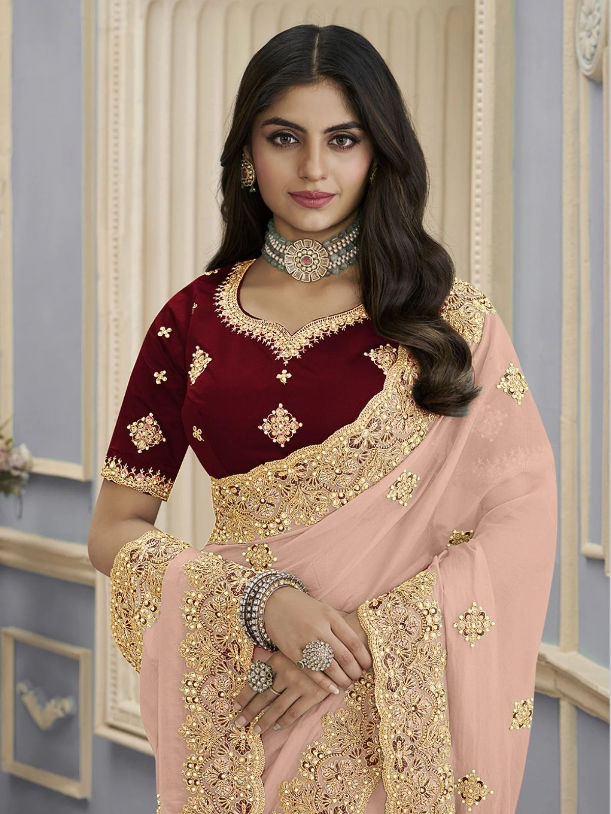 Odette Light Peach Georgette Embellished Elegant Saree For Women - Image 2