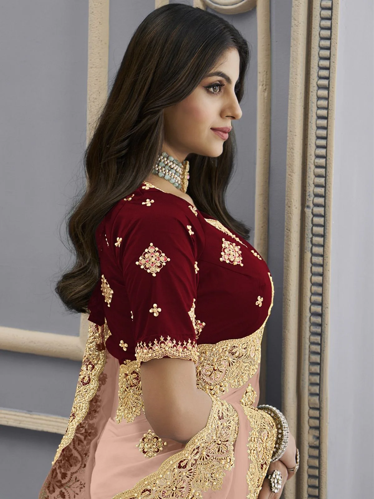 Odette Light Peach Georgette Embellished Elegant Saree For Women - Image 3