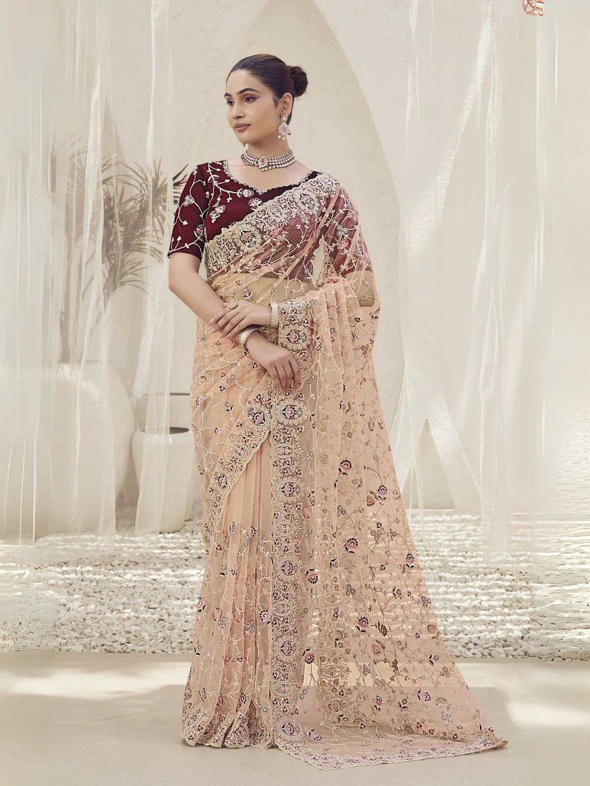 Odette Light Peach Net Embroidered Elegant Saree For Women