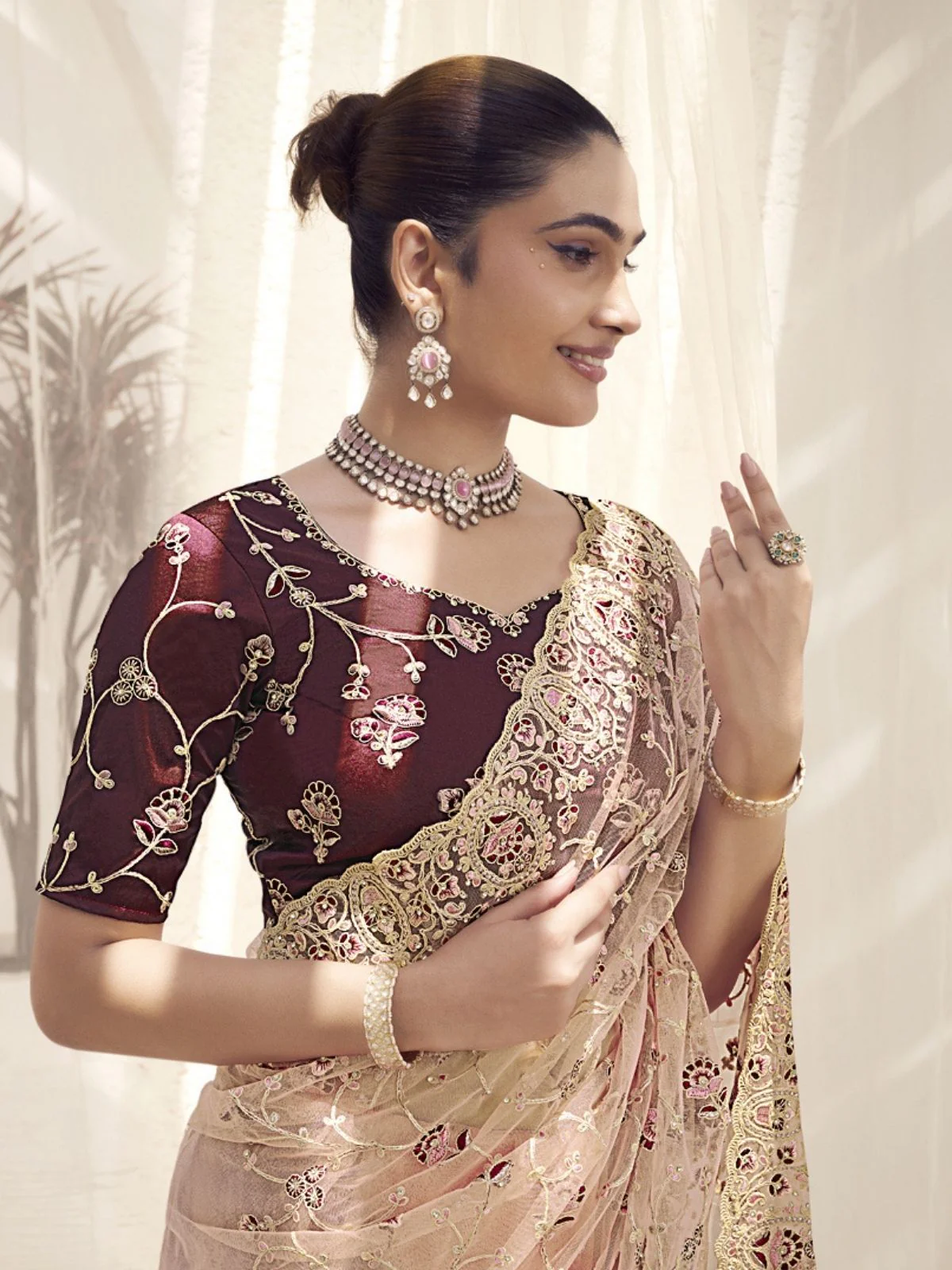 Odette Light Peach Net Embroidered Elegant Saree For Women - Image 2