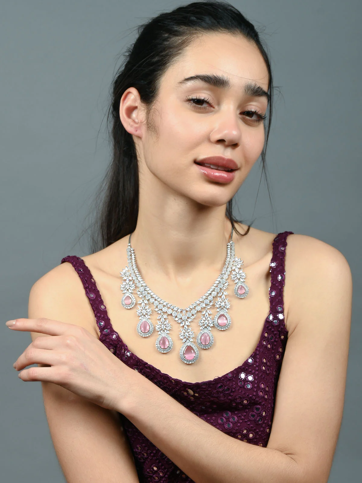 Odette Light Pink Alloy Embellished Jewellery Set For Women - Image 2