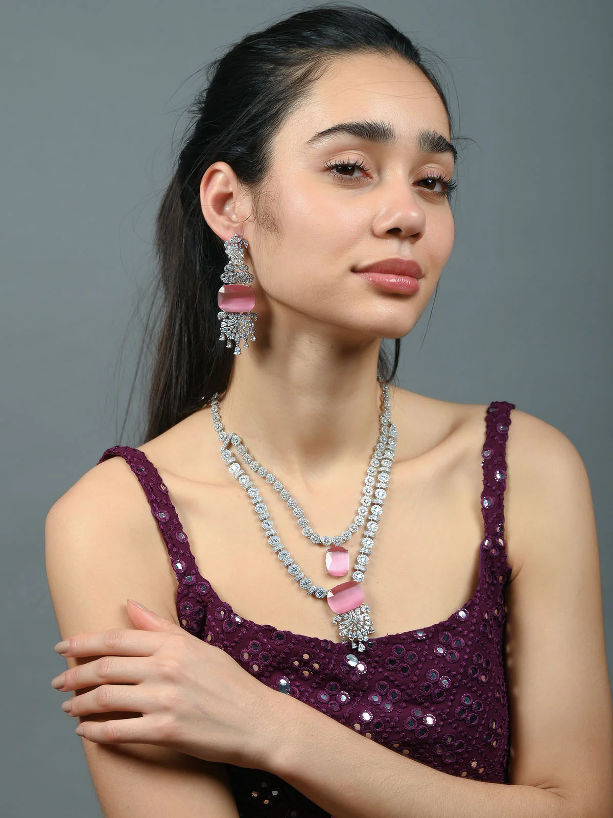 Odette Light Pink Alloy Embellished Jewellery Set For Women - Image 2