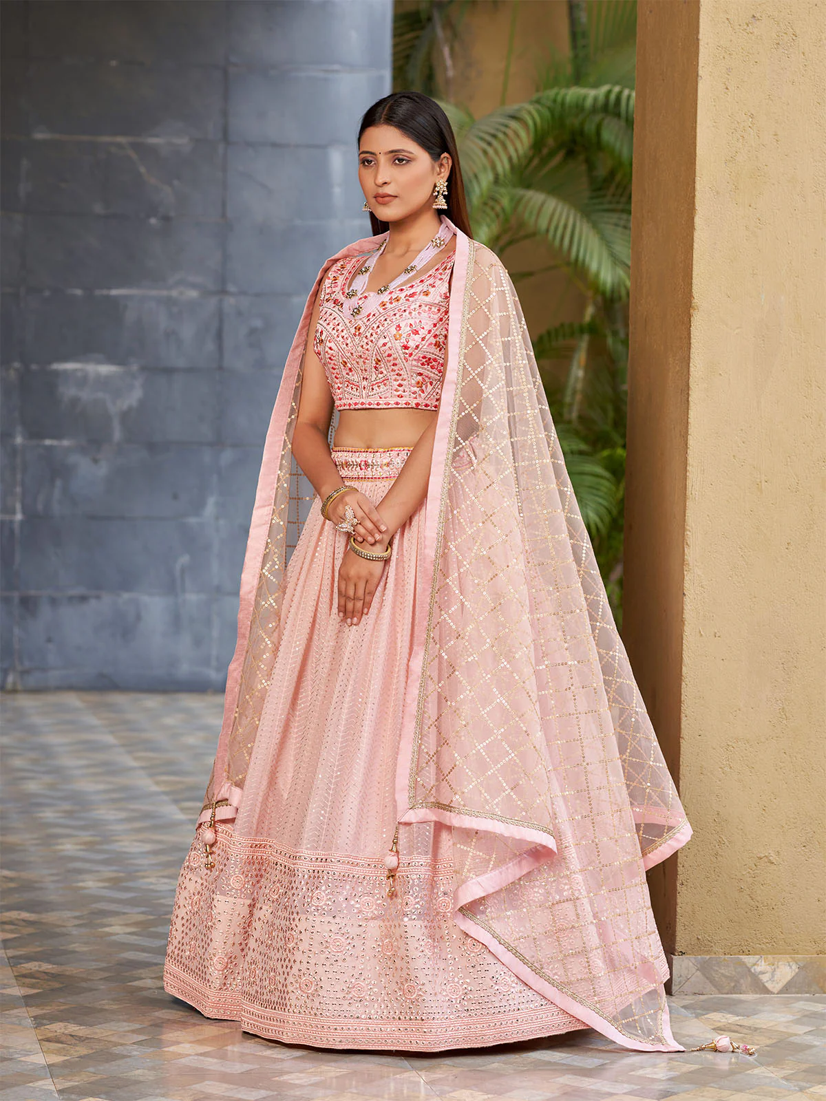 Odette Light Pink Art Silk Embellished Semi Stitched Lehenga With Unstitched Blouse For Women - Image 2