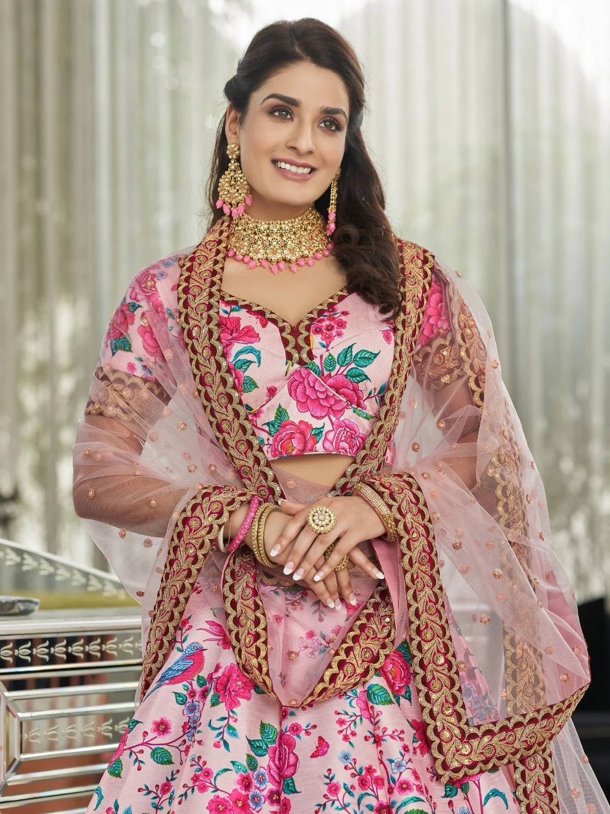 Odette Light Pink Art Silk Printed Semi Stitched Lehenga With Unstitched Blouse For Women - Image 4