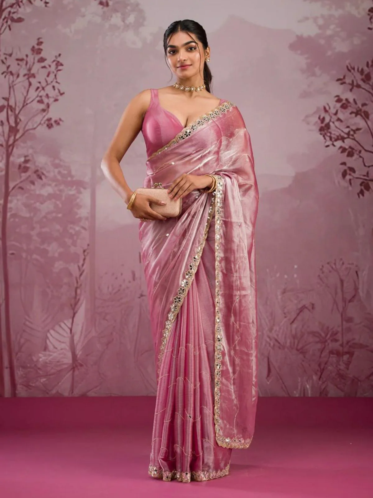 Odette Light Pink Chiffon Embroidered Saree For Women