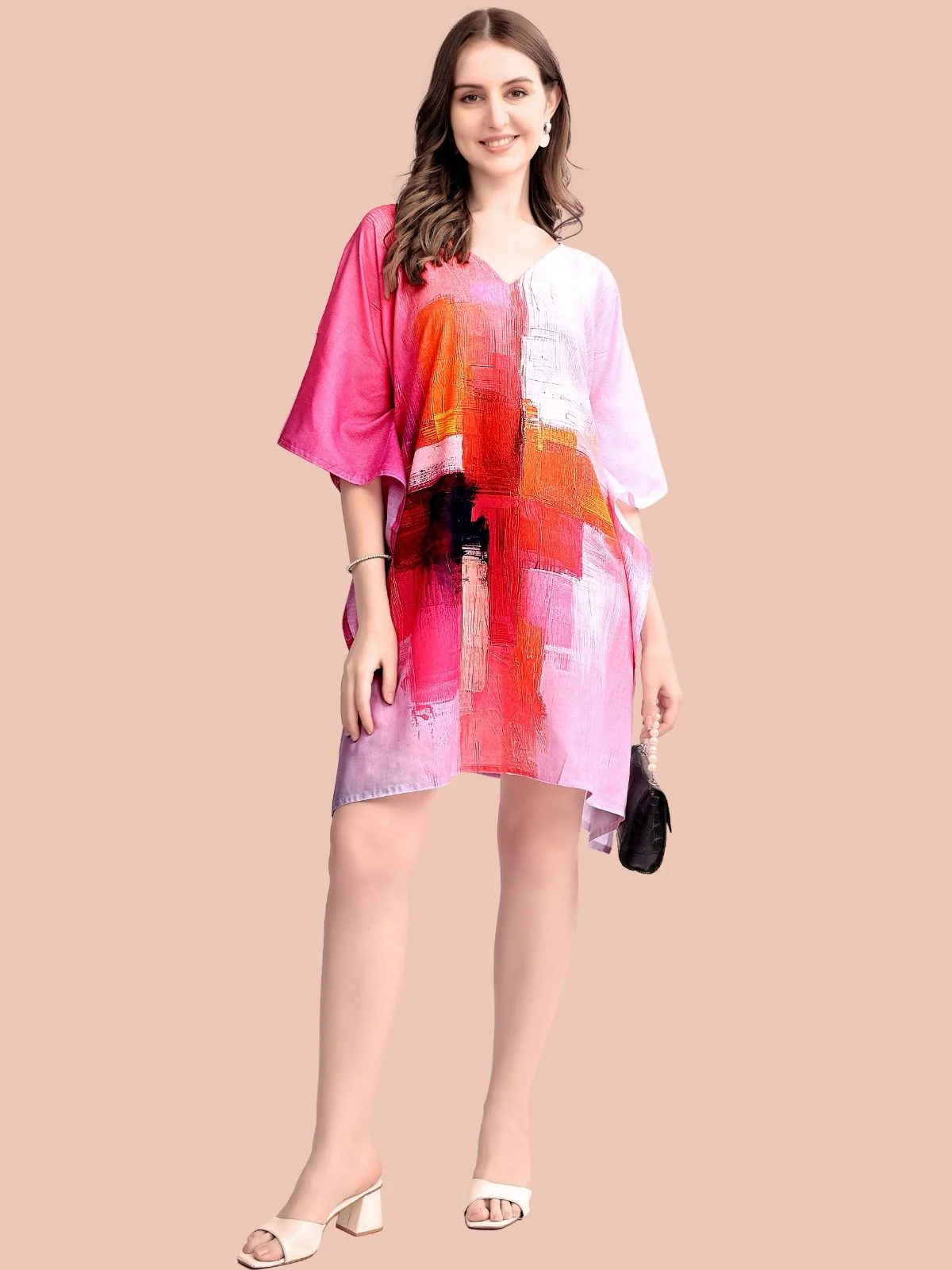 Odette Light Pink Cotton Blend Printed Kaftan For Women