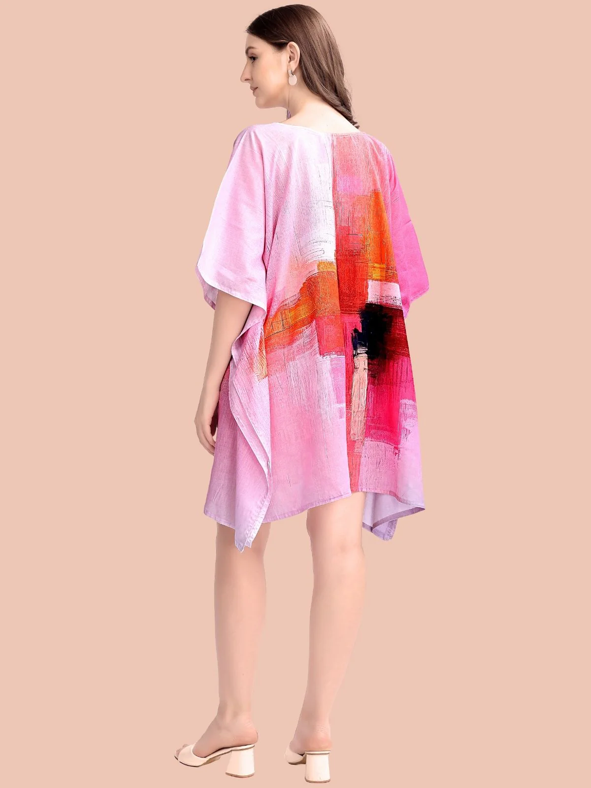 Odette Light Pink Cotton Blend Printed Kaftan For Women - Image 3