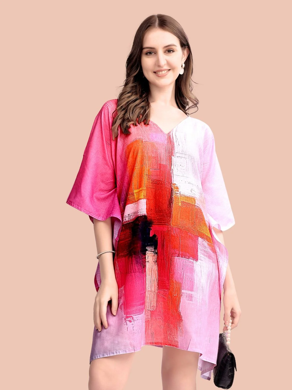 Odette Light Pink Cotton Blend Printed Kaftan For Women - Image 4
