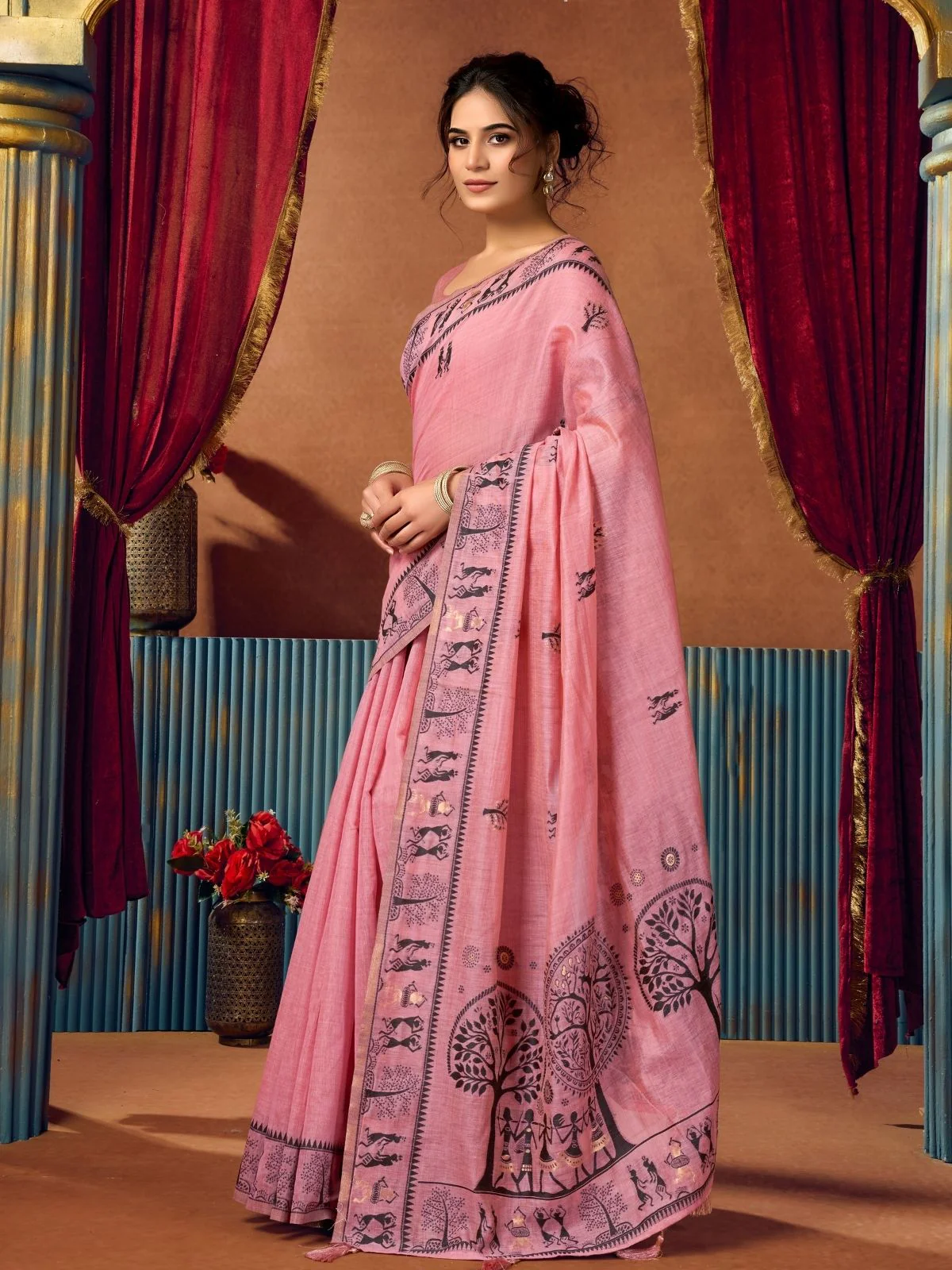 Odette Light Pink Cotton Blend Printed Saree For Women - Image 2