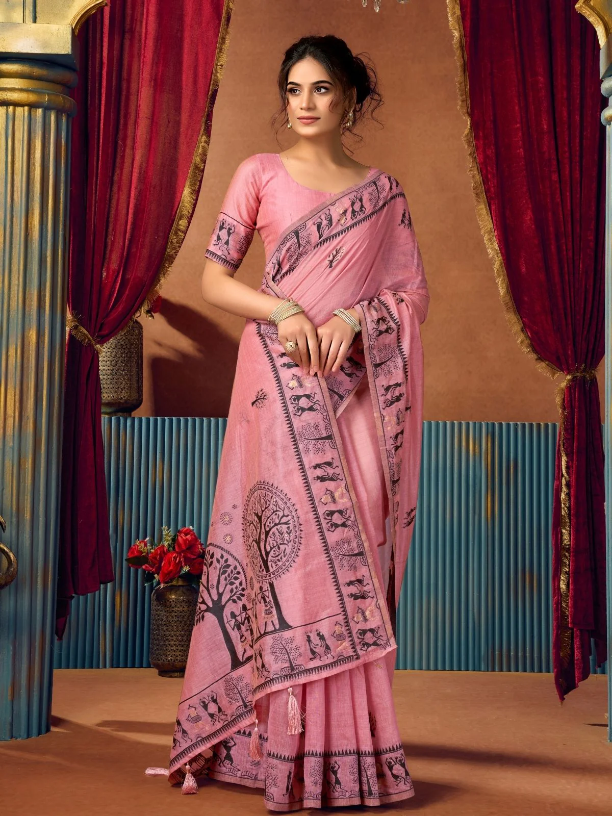 Odette Light Pink Cotton Blend Printed Saree For Women - Image 3