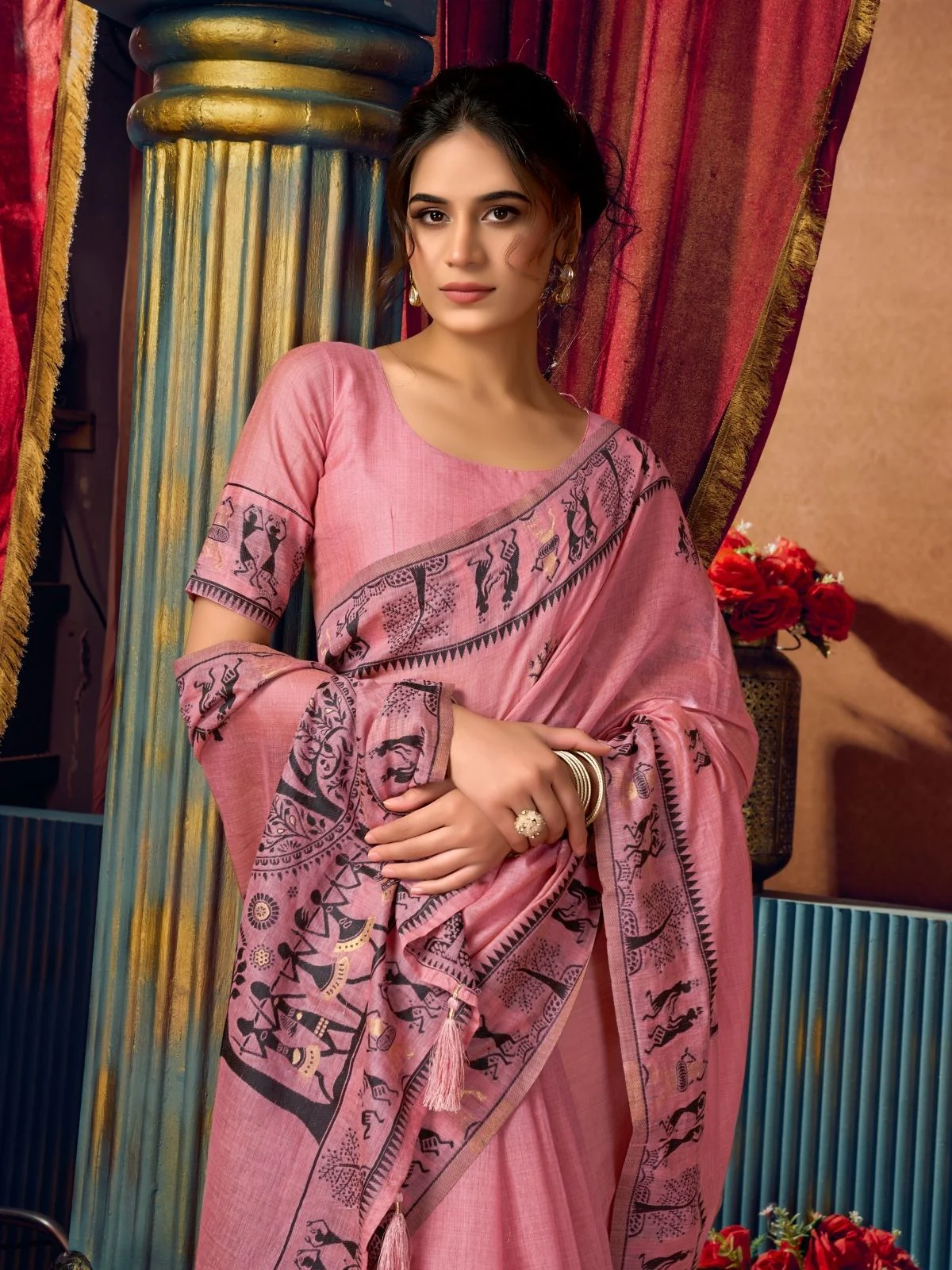 Odette Light Pink Cotton Blend Printed Saree For Women - Image 5