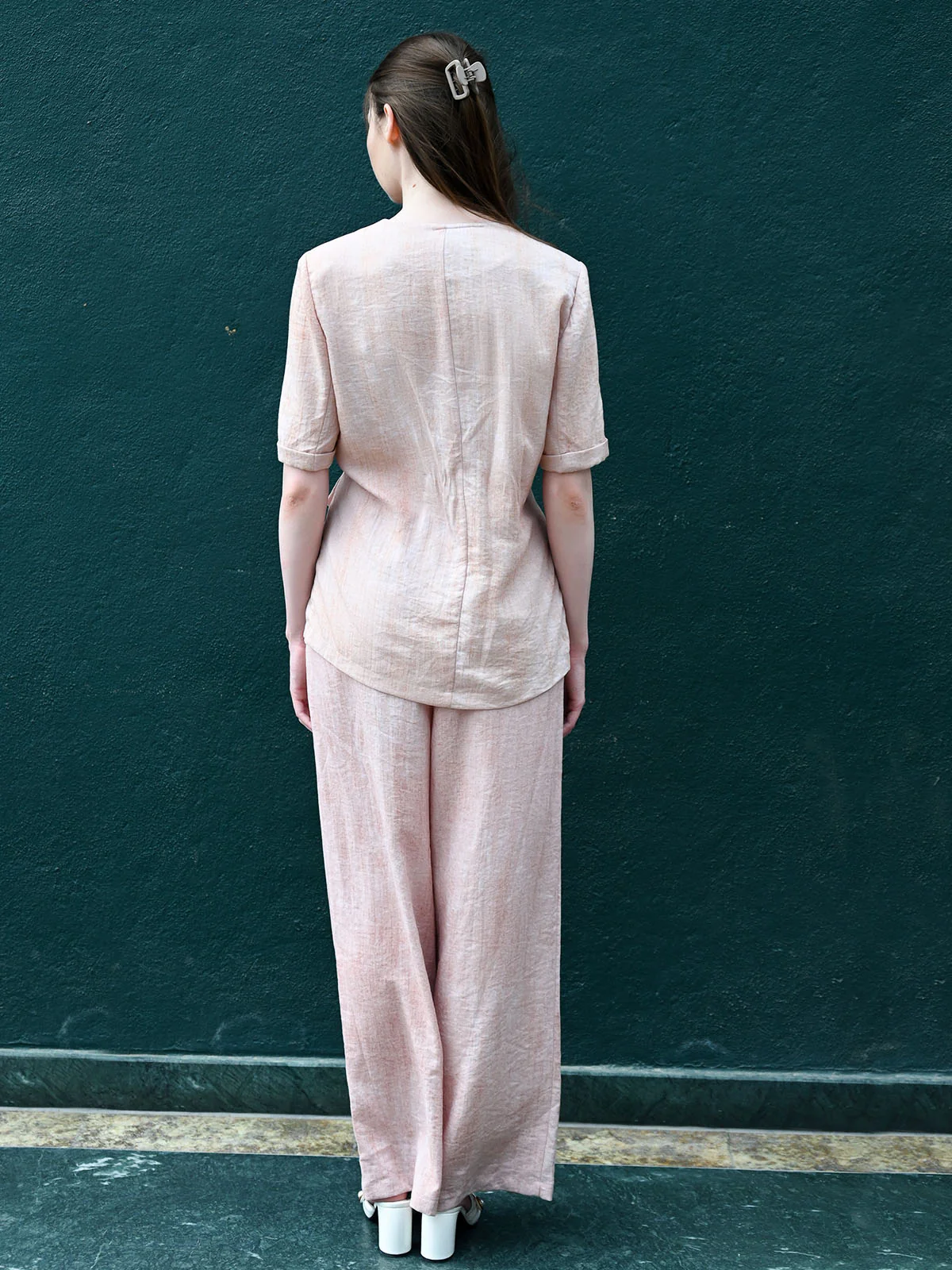 Odette Light Pink Cotton Blend Solid Co-Ord Set For Women - Image 4