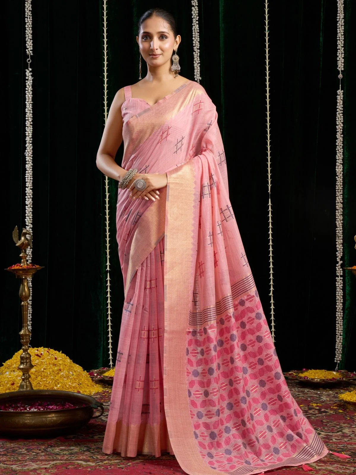 Odette Light Pink Cotton Blend Woven Saree For Women