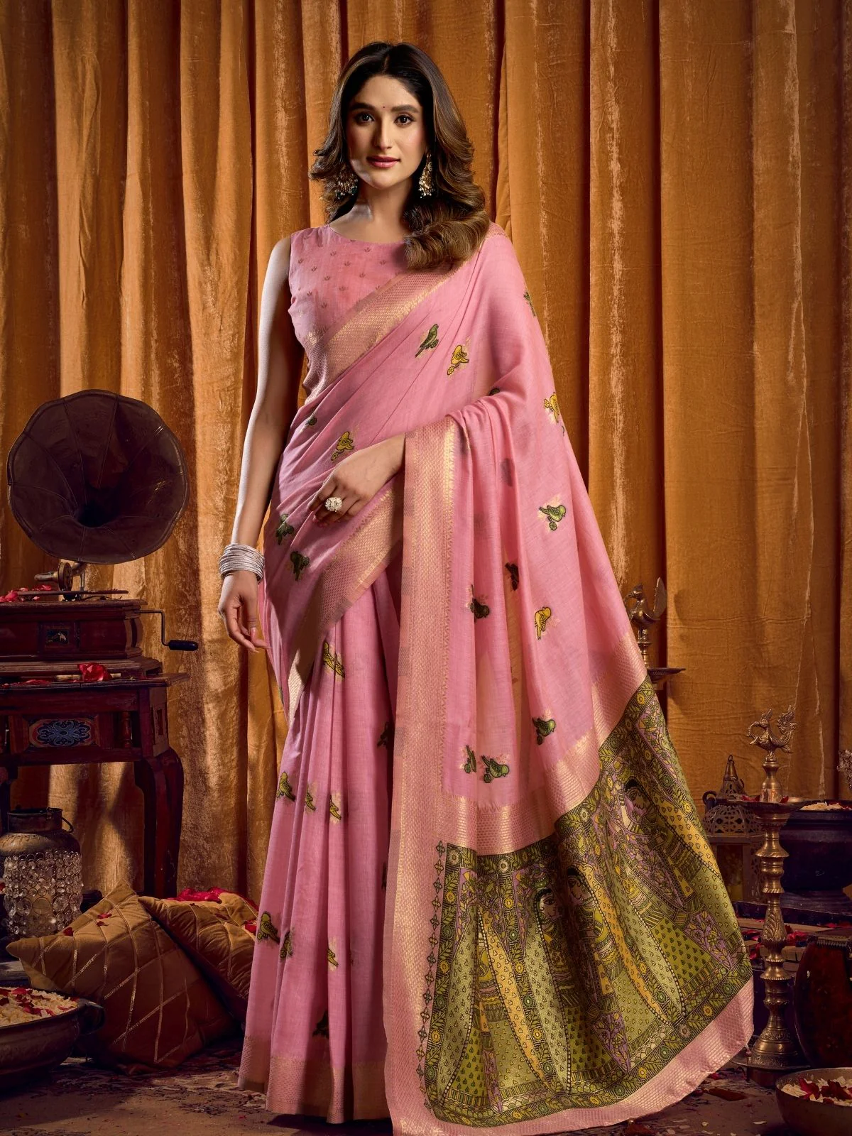 Odette Light Pink Cotton Blend Woven Saree For Women