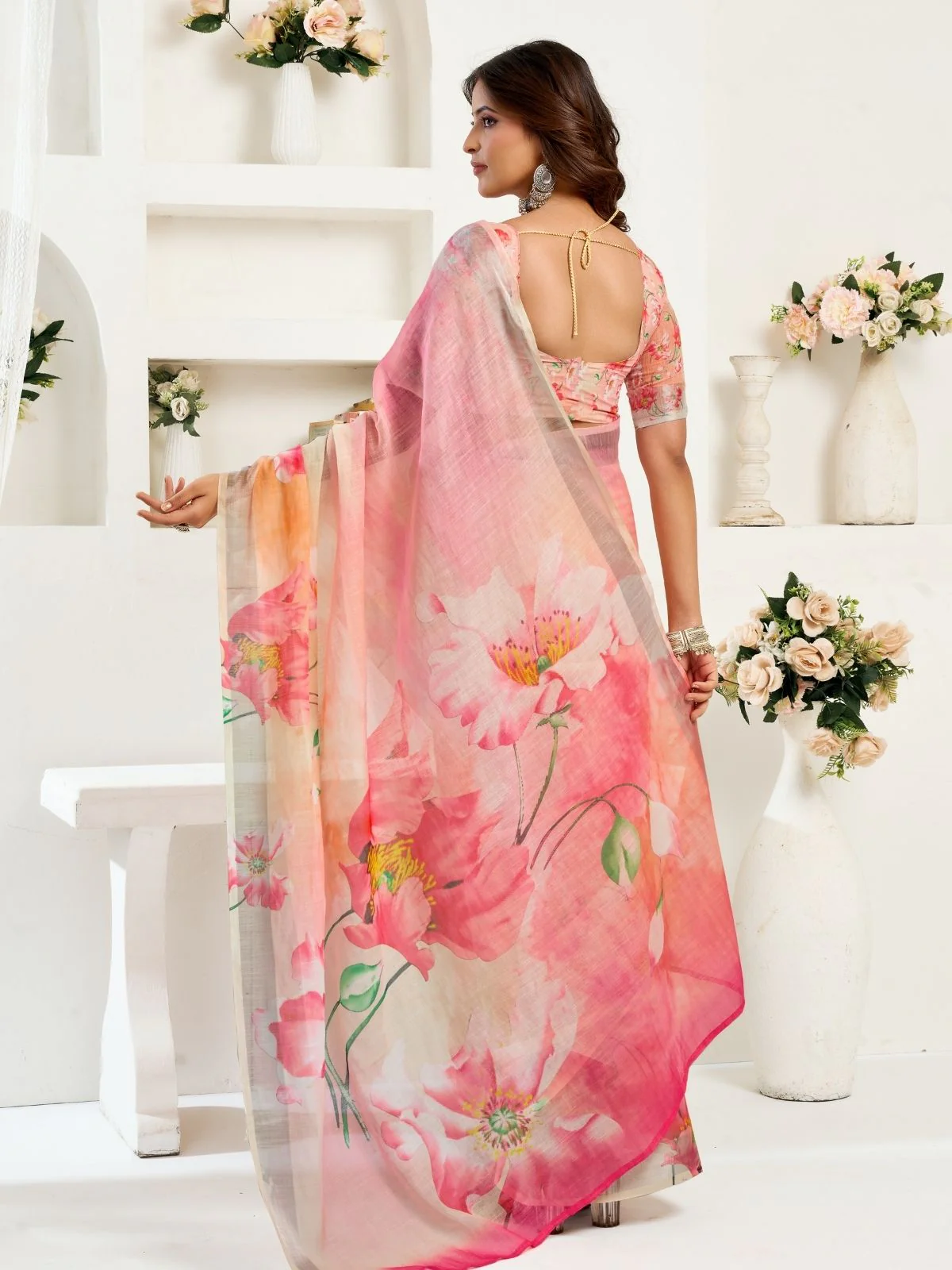 Odette Light Pink Cotton Linen Zari Work Saree For Women - Image 4