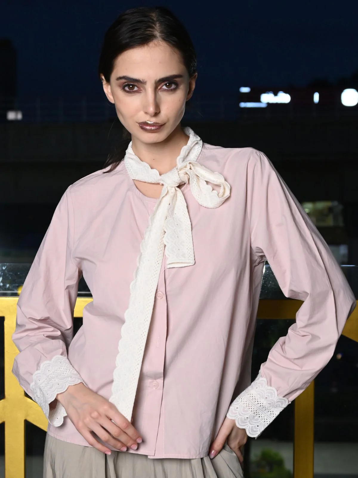 Odette Light Pink Cotton Poplin Top For Women