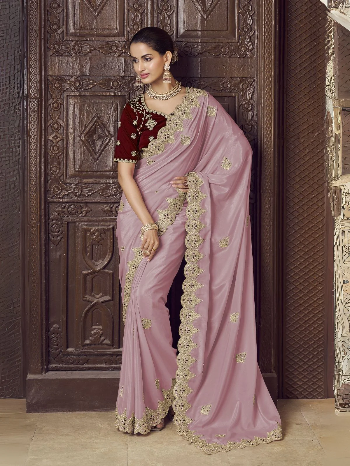 Odette Light Pink Crepe Embroidered Elegant Saree For Women