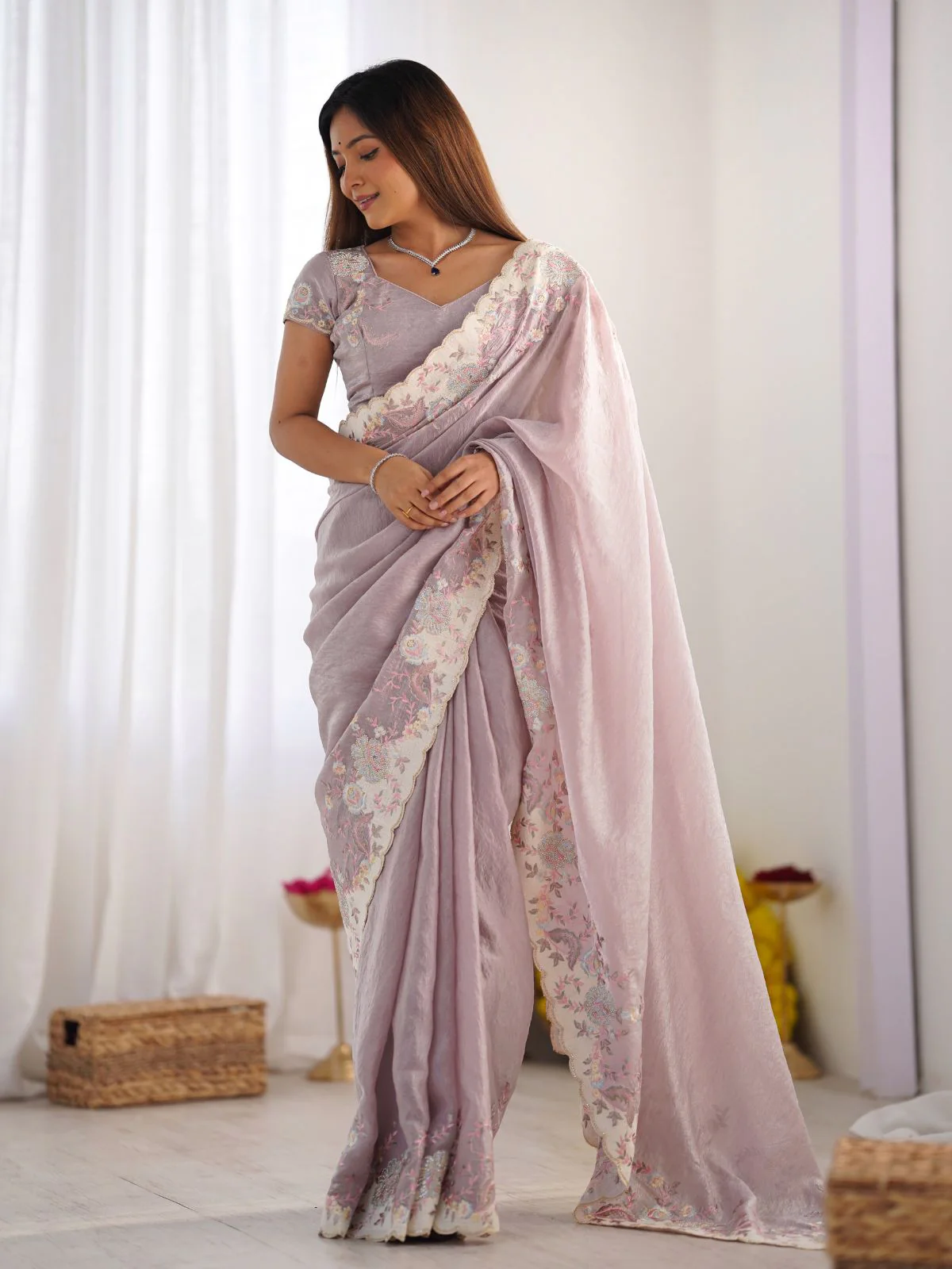 Odette Light Pink Crush Embroidered Saree With Unstitched Blouse For Women - Image 3