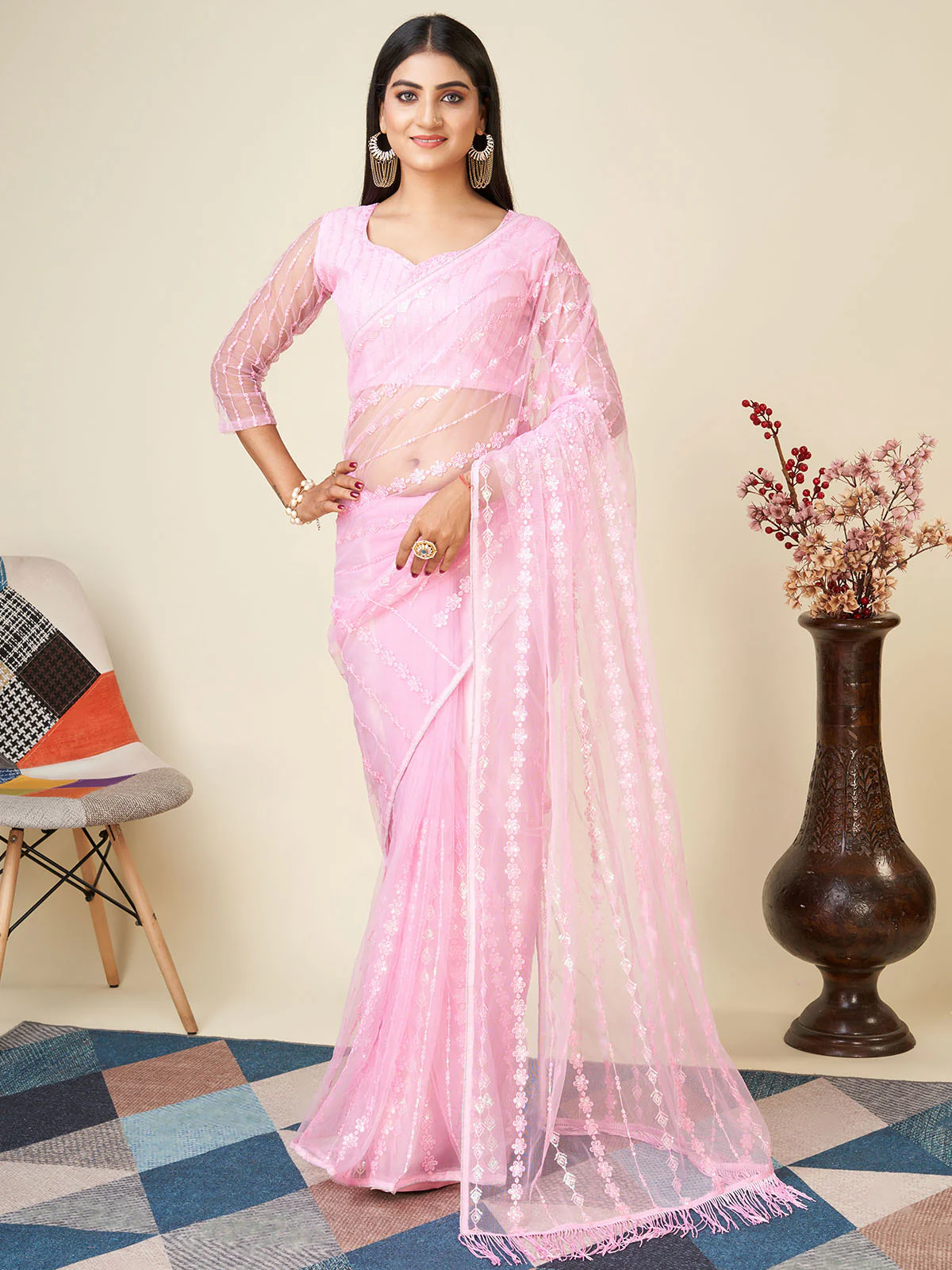 Odette Light Pink Embellished Net Saree With unstitched Blouse For Women - Image 2