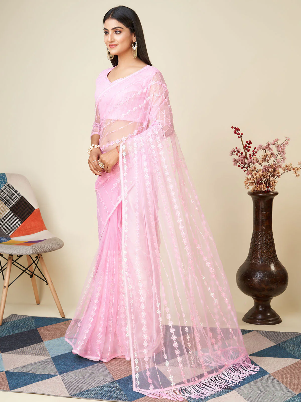 Odette Light Pink Embellished Net Saree With unstitched Blouse For Women - Image 3