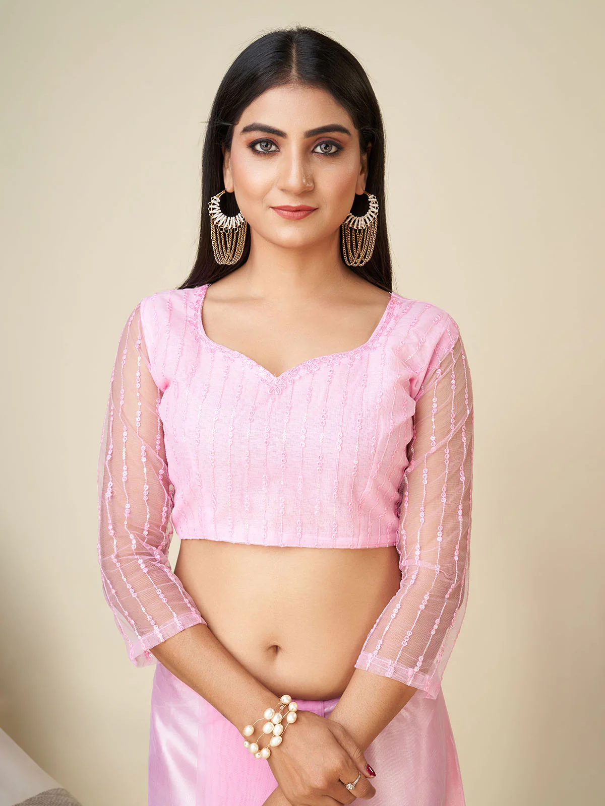 Odette Light Pink Embellished Net Saree With unstitched Blouse For Women - Image 5