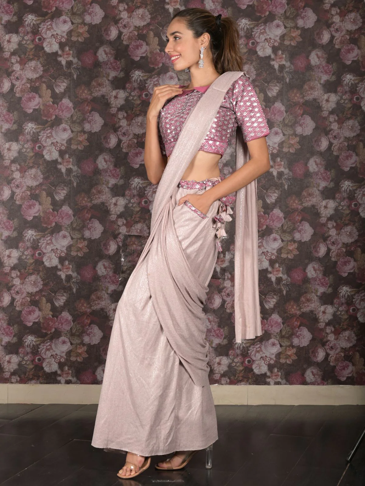 Odette Light Pink Embroidered Lycra Ready-To-Wear Saree With Stitched Blouse For Women - Image 2