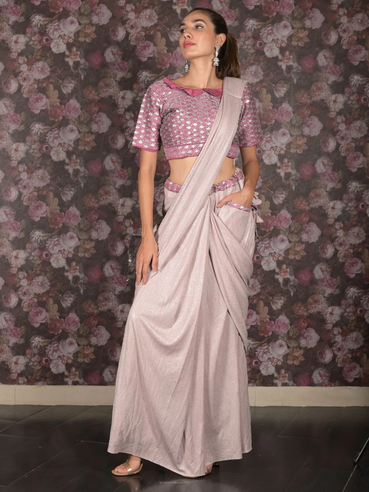 Odette Light Pink Embroidered Lycra Ready-To-Wear Saree With Stitched Blouse For Women - Image 3