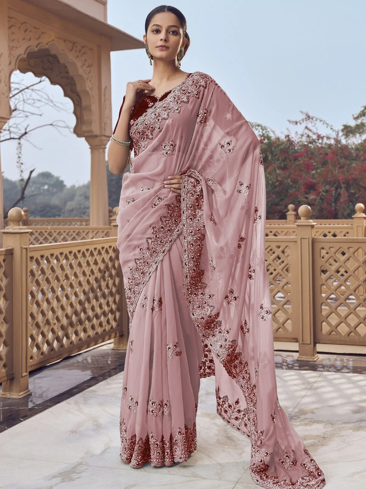 Odette Light Pink Georgette Embellished Elegant Saree For Women