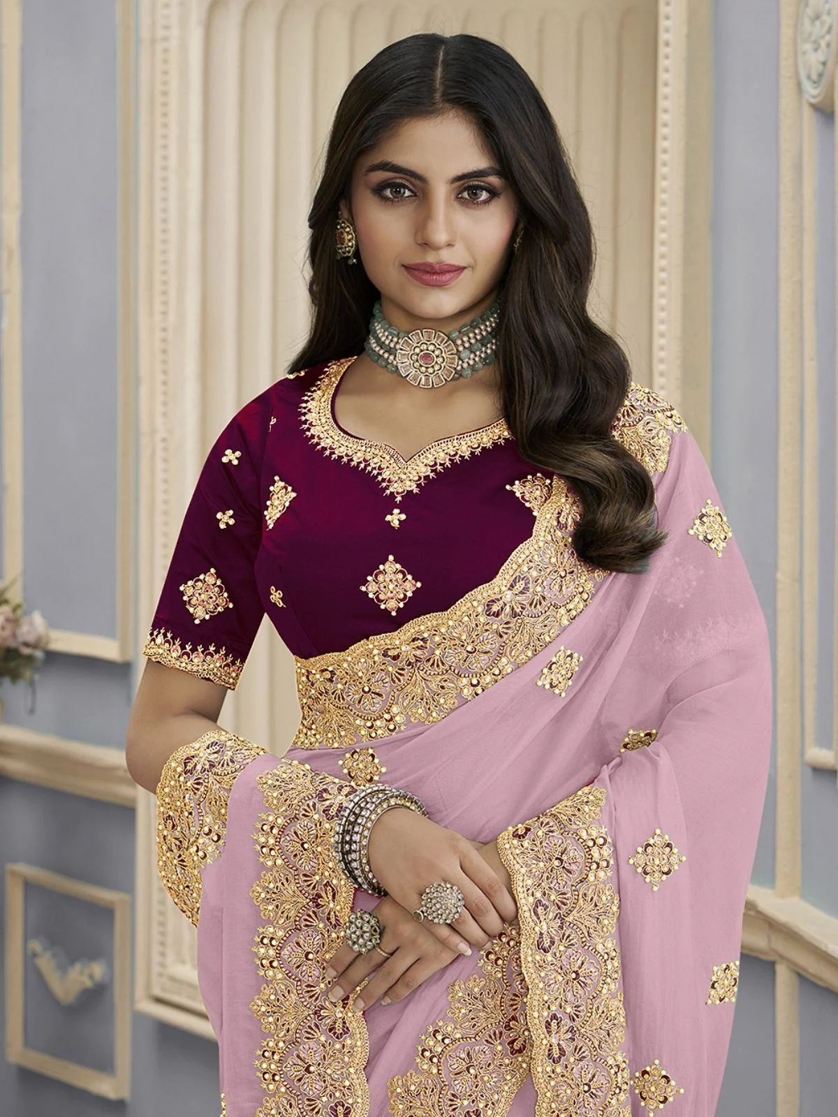 Odette Light Pink Georgette Embellished Elegant Saree For Women - Image 2