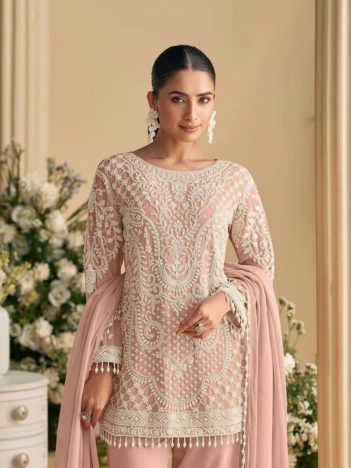Odette Light Pink Georgette Embellished Semi Stitched Kurta Set For Women - Image 2