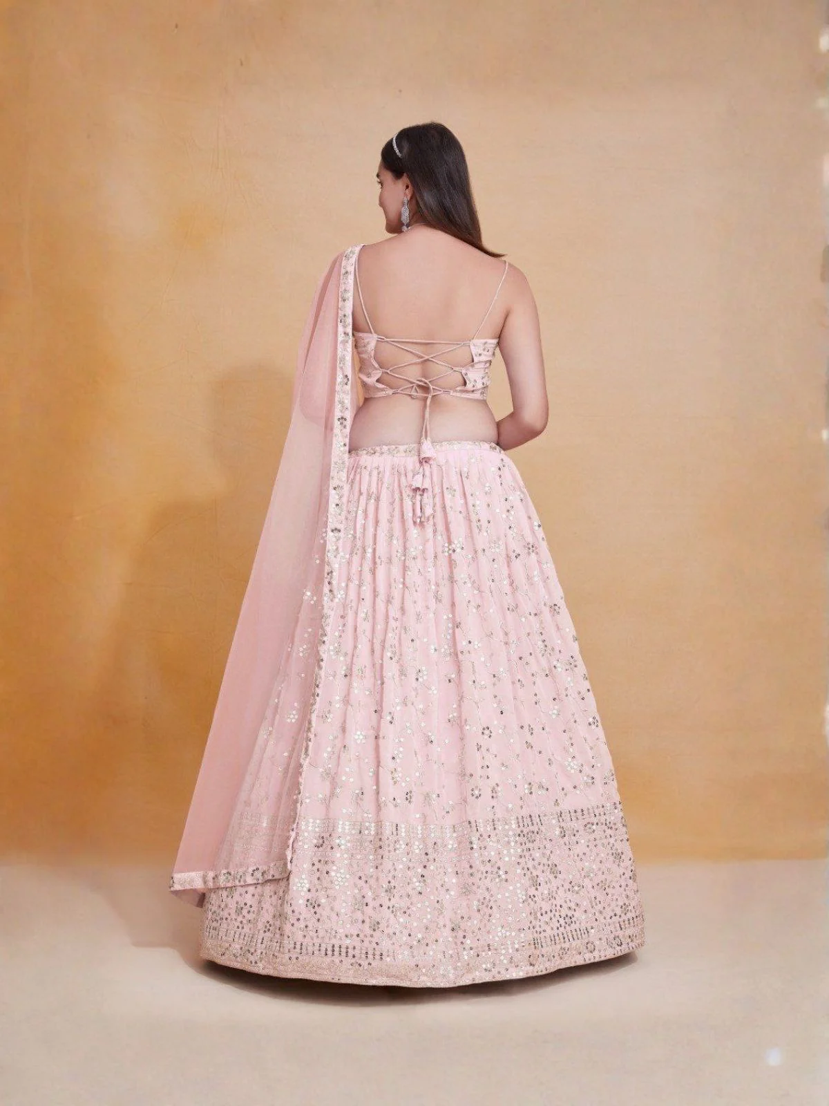 Odette Light Pink Georgette Embellished Semi Stitched Lehenga For Women - Image 3