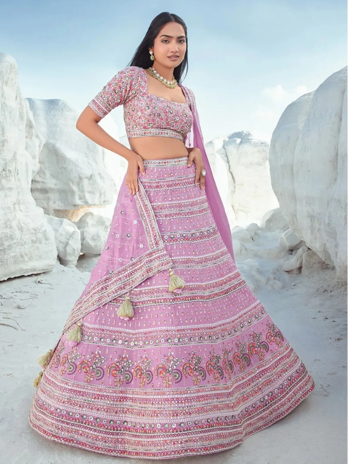 Odette Light Pink Georgette Embellished Semi-Stitched lehenga For Women - Image 3