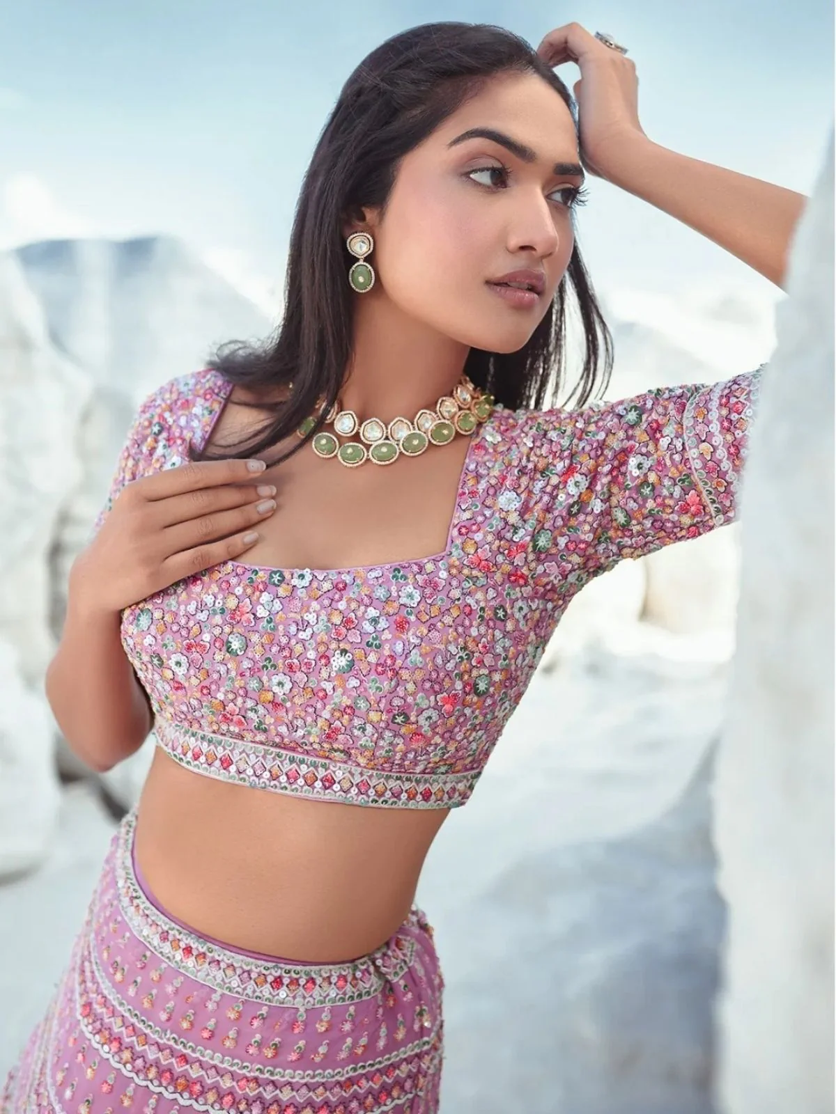 Odette Light Pink Georgette Embellished Semi-Stitched lehenga For Women - Image 4