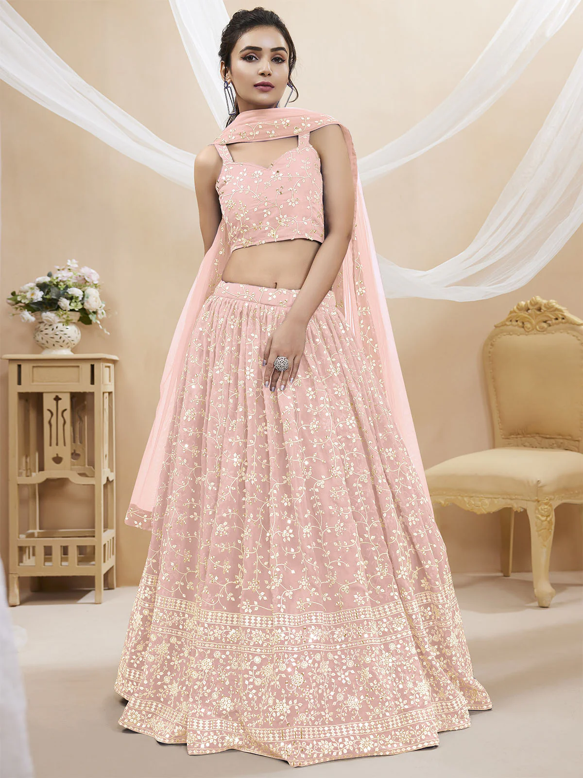 Odette Light Pink Georgette Embellished Semi Stitched Lehenga With Unstitched Blouse For Women