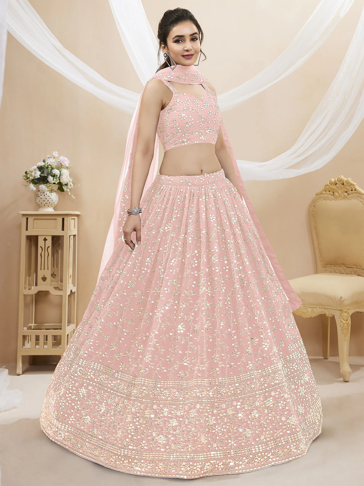 Odette Light Pink Georgette Embellished Semi Stitched Lehenga With Unstitched Blouse For Women - Image 2
