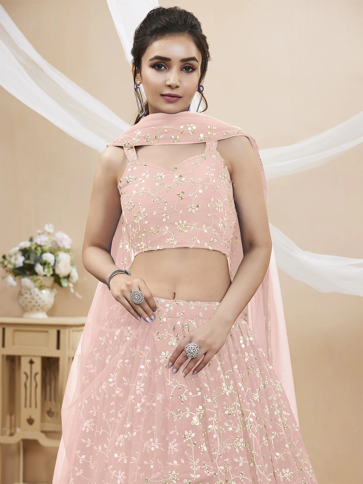 Odette Light Pink Georgette Embellished Semi Stitched Lehenga With Unstitched Blouse For Women - Image 4