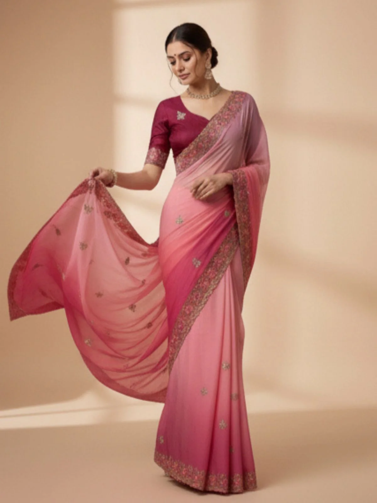 Odette Light Pink Georgette Embellished Solid Saree For Women