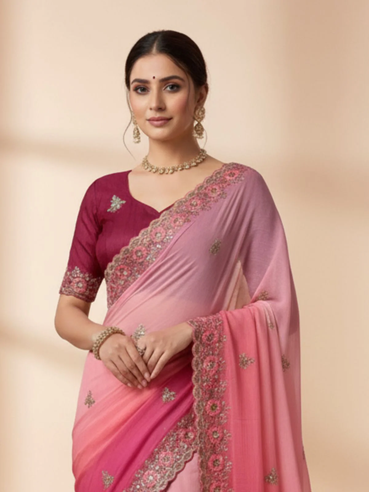 Odette Light Pink Georgette Embellished Solid Saree For Women - Image 2