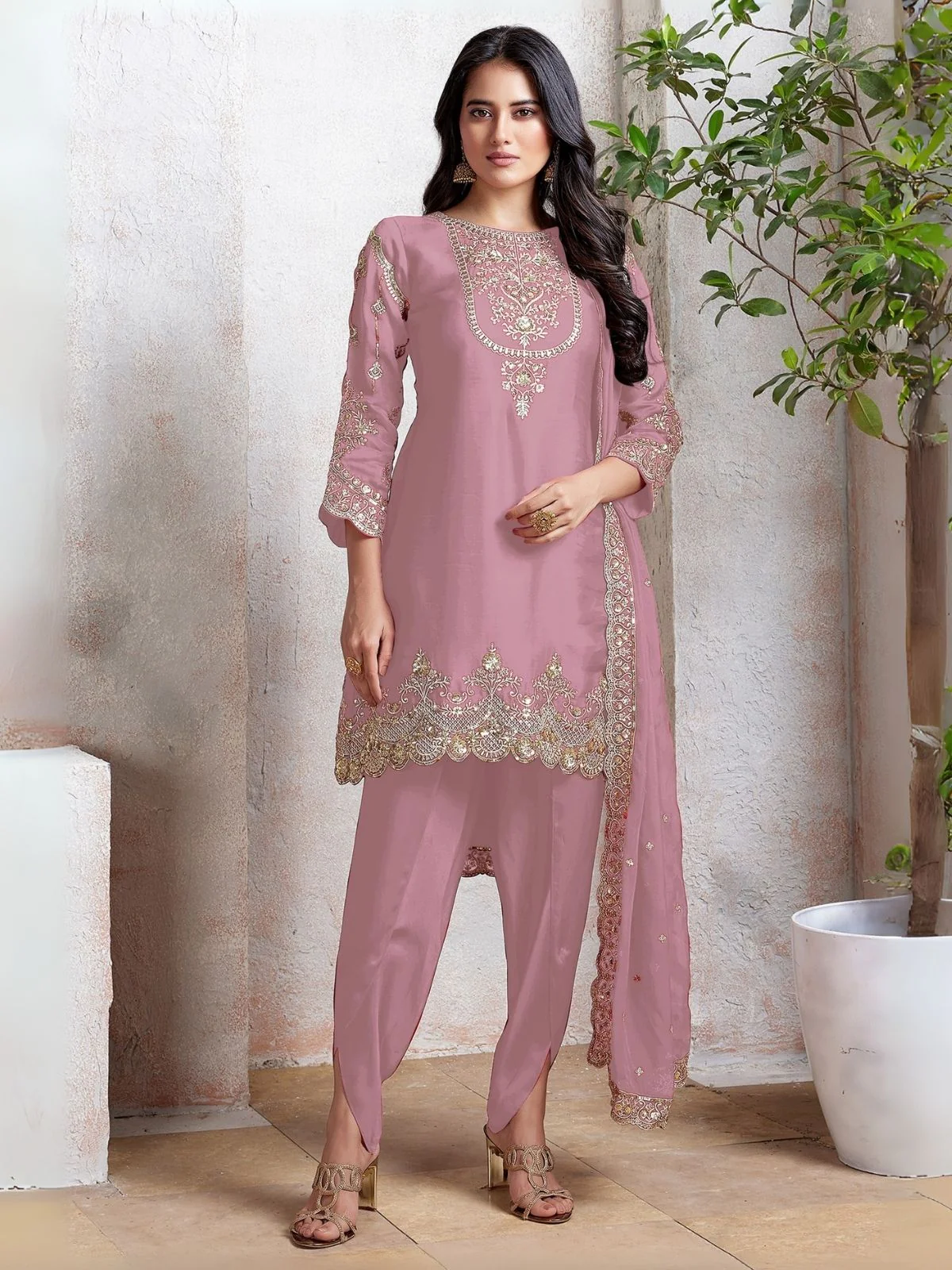 Odette Light Pink Georgette Embroidered & Cutwork Semi-Sitched Kurta Set For Women