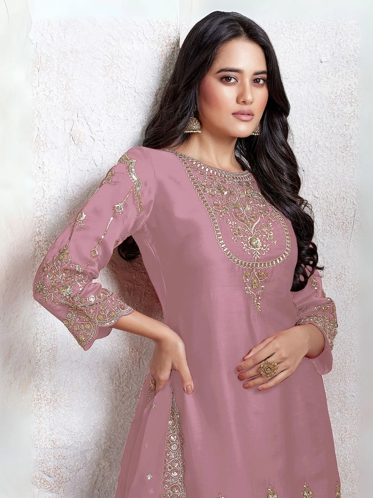 Odette Light Pink Georgette Embroidered & Cutwork Semi-Sitched Kurta Set For Women - Image 2