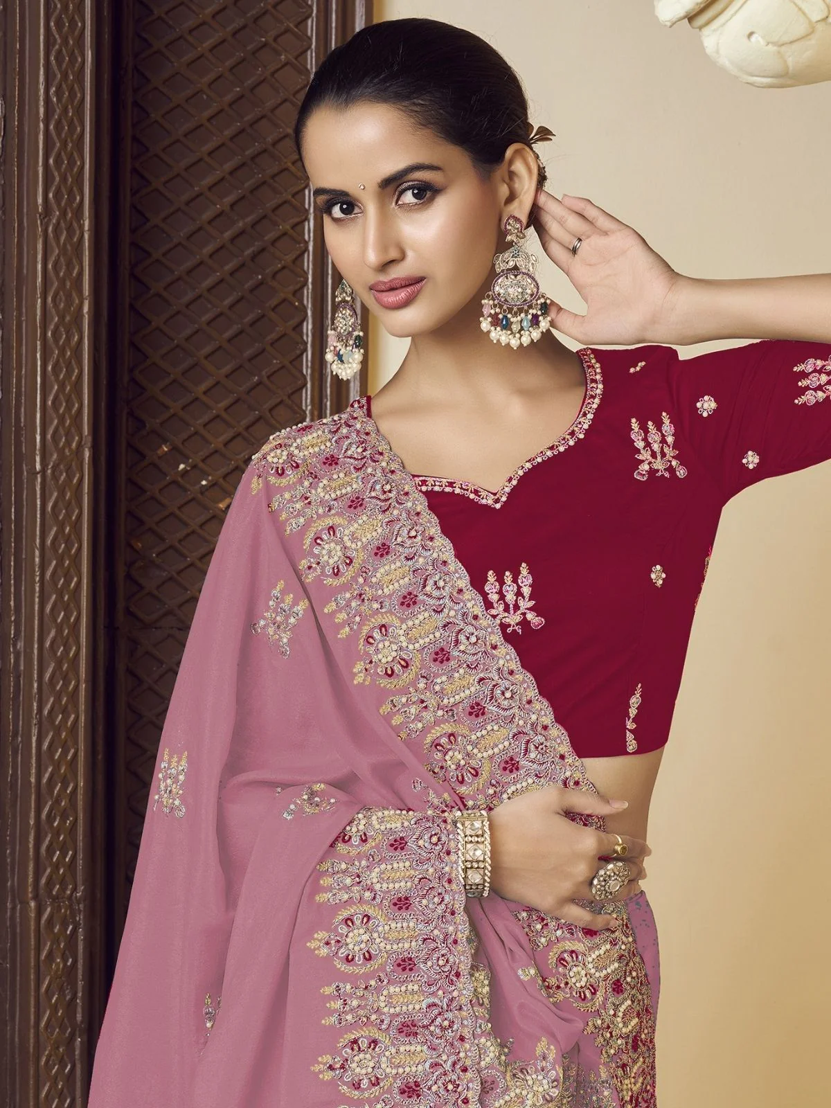 Odette Light Pink Georgette Embroidered Elegant Saree For Women - Image 3