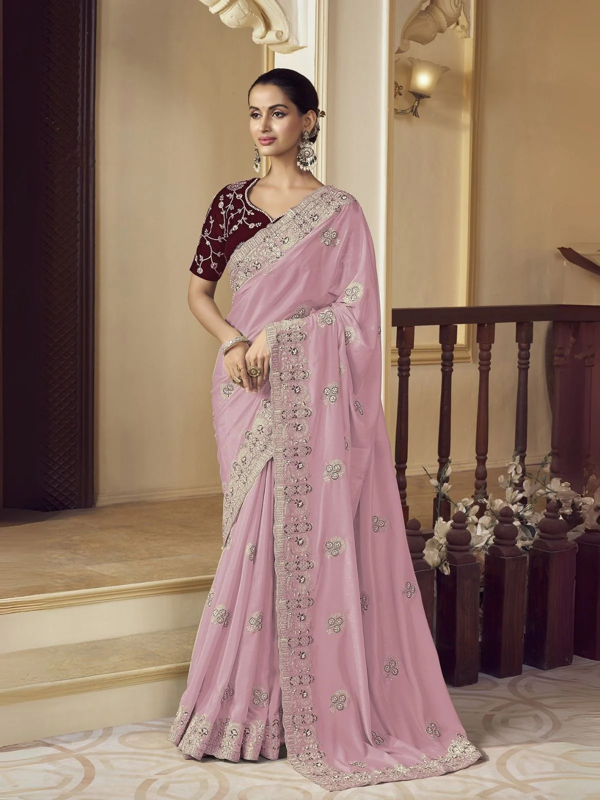 Odette Light Pink Georgette Embroidered Elegant Saree For Women