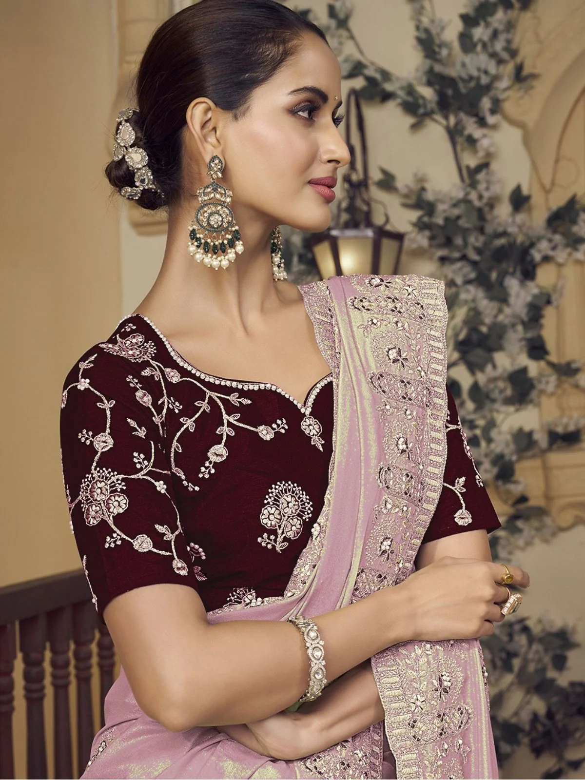 Odette Light Pink Georgette Embroidered Elegant Saree For Women - Image 3