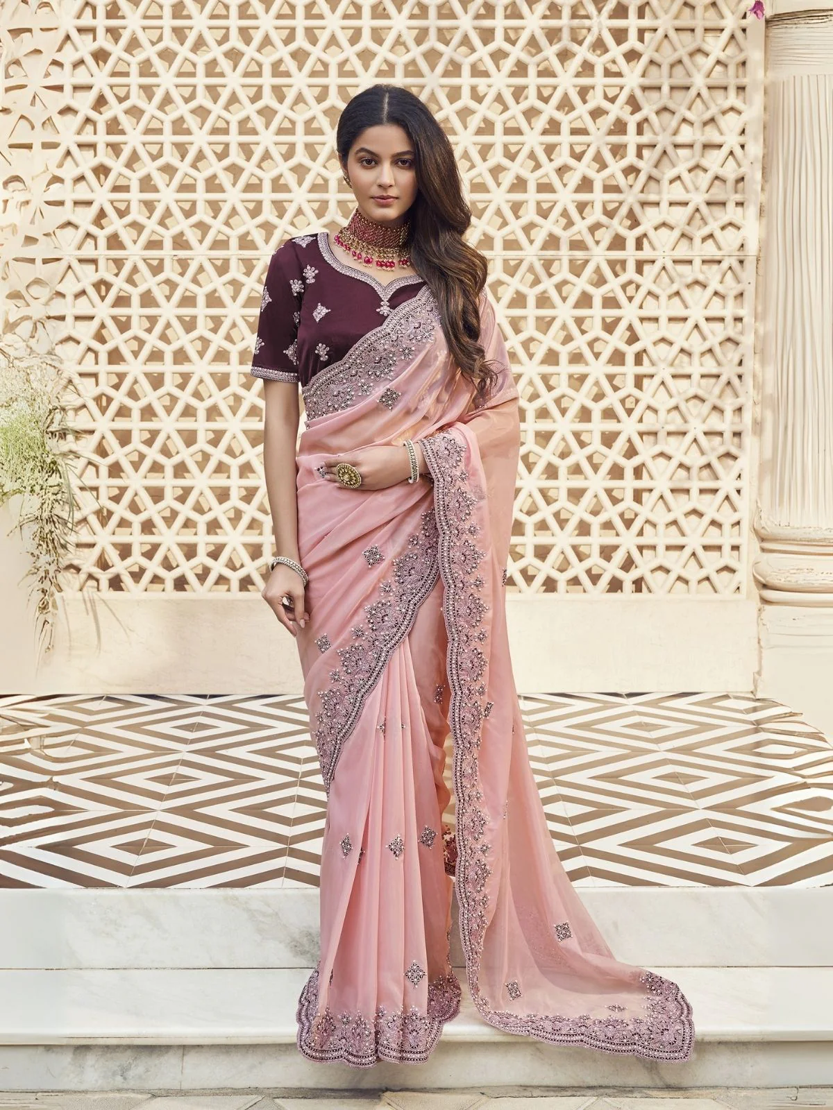 Odette Light Pink Georgette Embroidered Elegant Saree For Women
