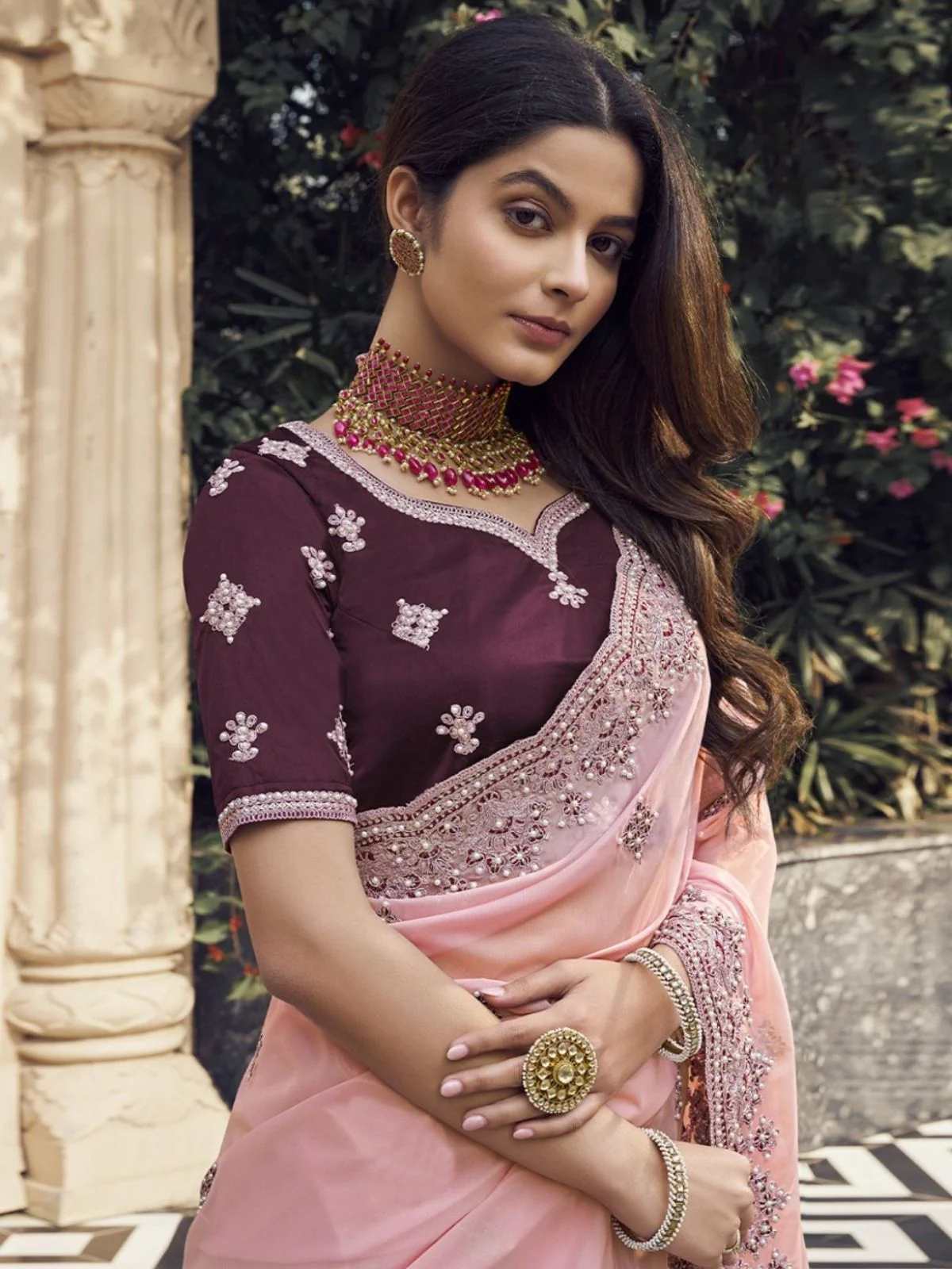 Odette Light Pink Georgette Embroidered Elegant Saree For Women - Image 2